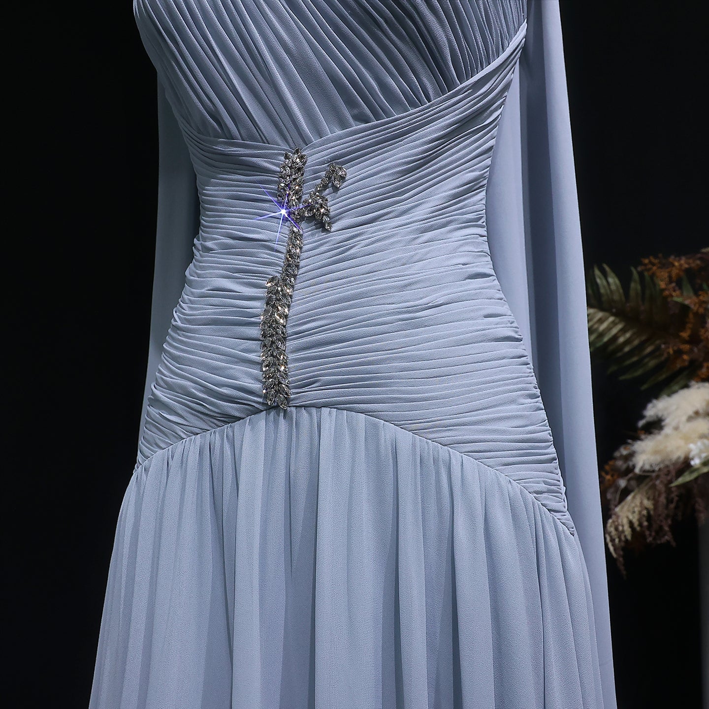 Elegant Gray Blue Beaded Ruched Chiffon Evening Dress with Capelet SF235A