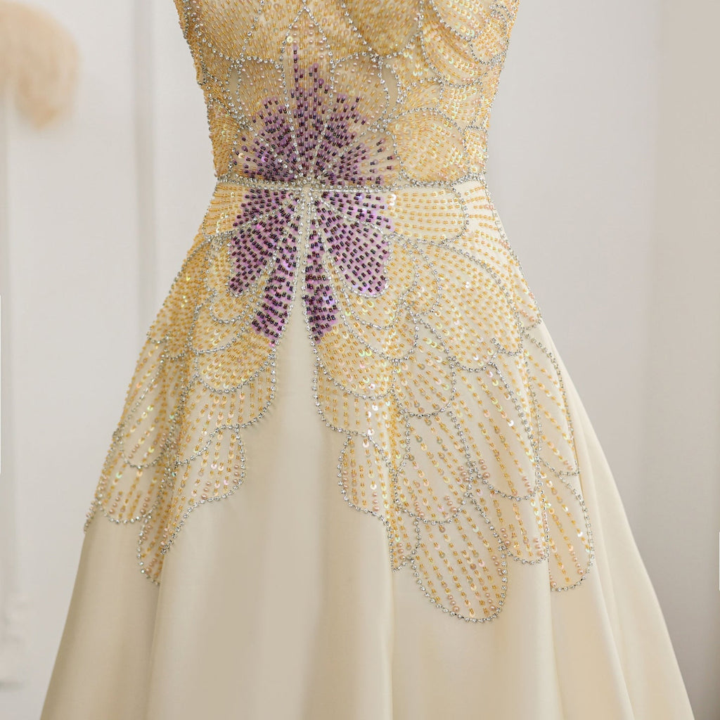 Luxury Beaded Butterfly Beige A-Line Evening Dress SS467