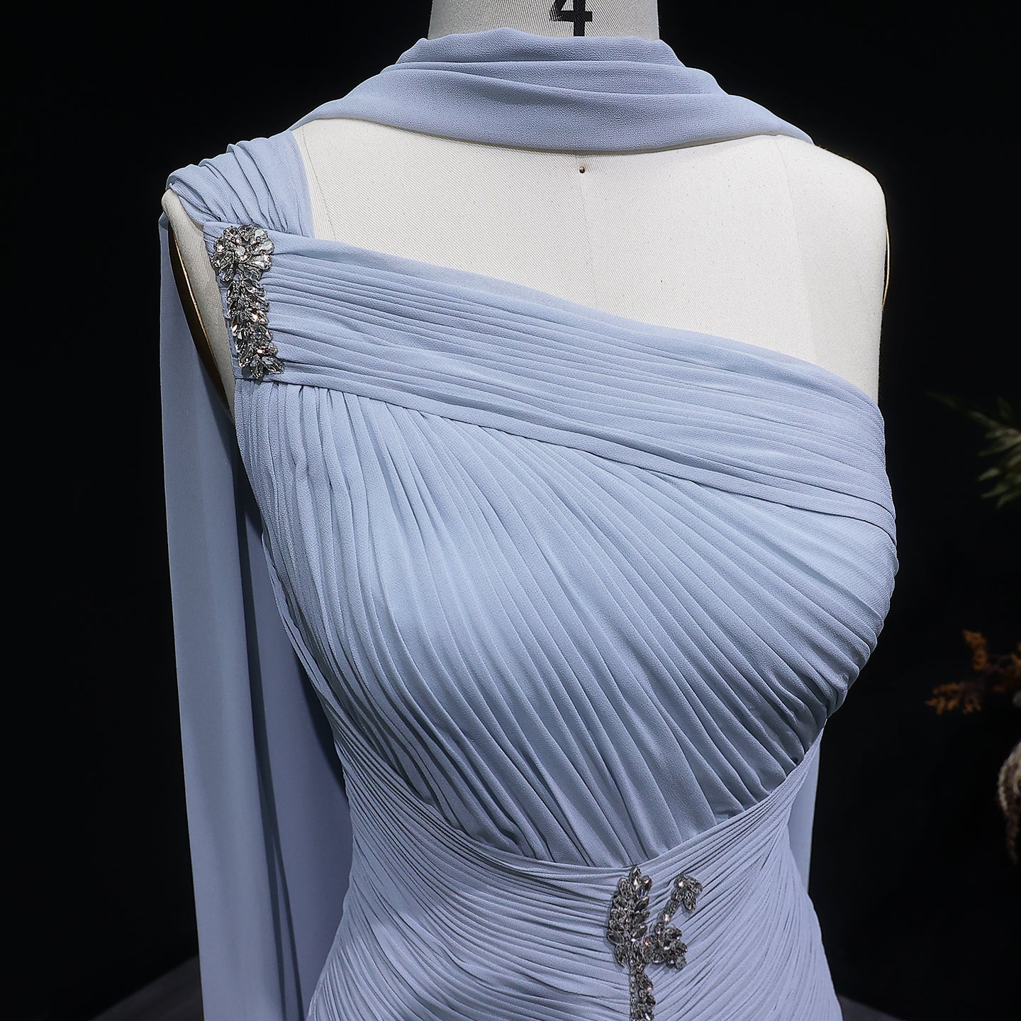 Elegant Gray Blue Beaded Ruched Chiffon Evening Dress with Capelet SF235A