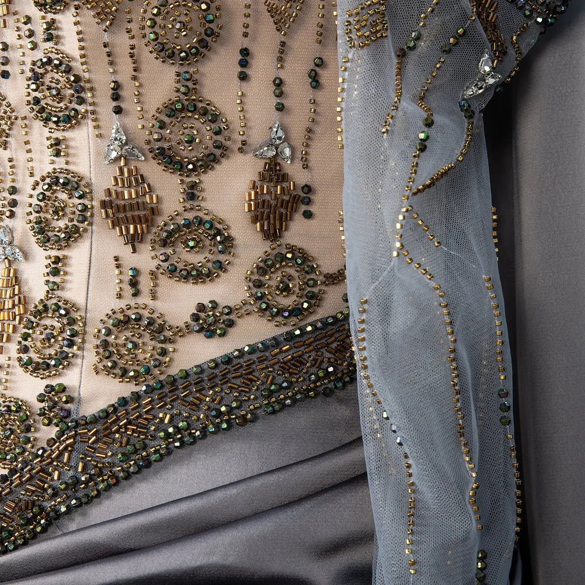 Luxury Gray Embellished Cape Fitted Evening Dress with Scarf SS564