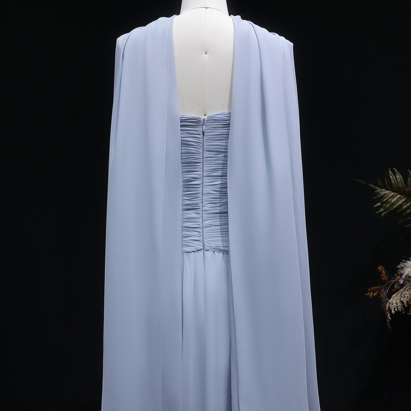 Elegant Gray Blue Beaded Ruched Chiffon Evening Dress with Capelet SF235A