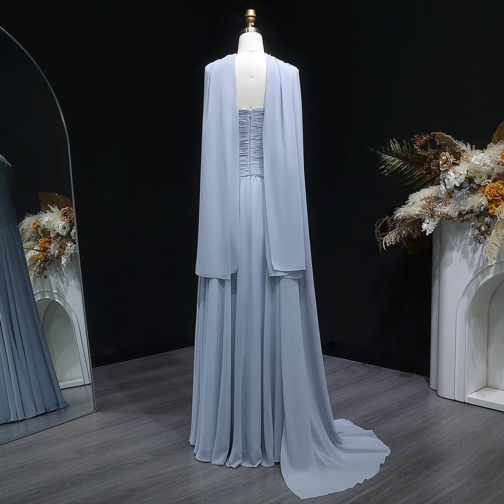 Elegant Gray Blue Beaded Ruched Chiffon Evening Dress with Capelet SF235A