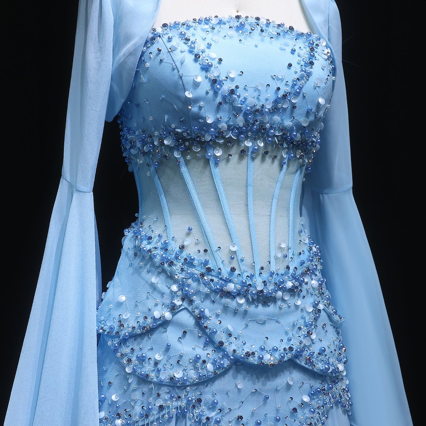 Luxury Pearls Tassel Blue and Yellow Evening Dress with Flowing Sleeves SS286