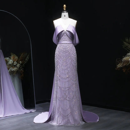 Luxury Beaded Off Shoulder Lilac Evening Dress SS624