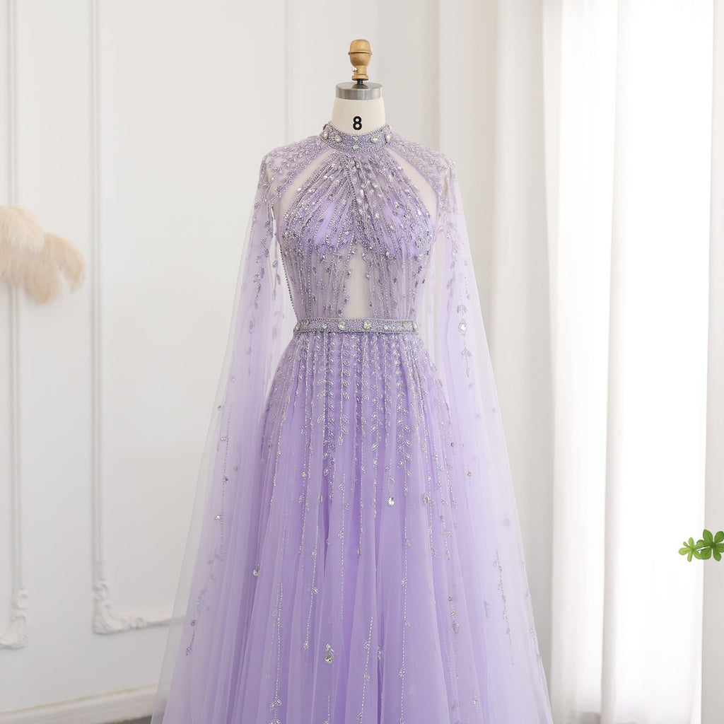Luxury Beaded Beige Evening Dress with Cape Sleeve SS495