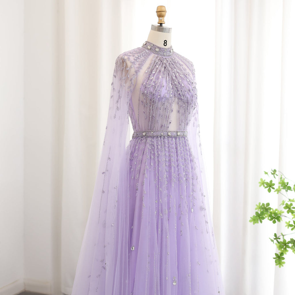 Luxury Beaded Beige Evening Dress with Cape Sleeve SS495
