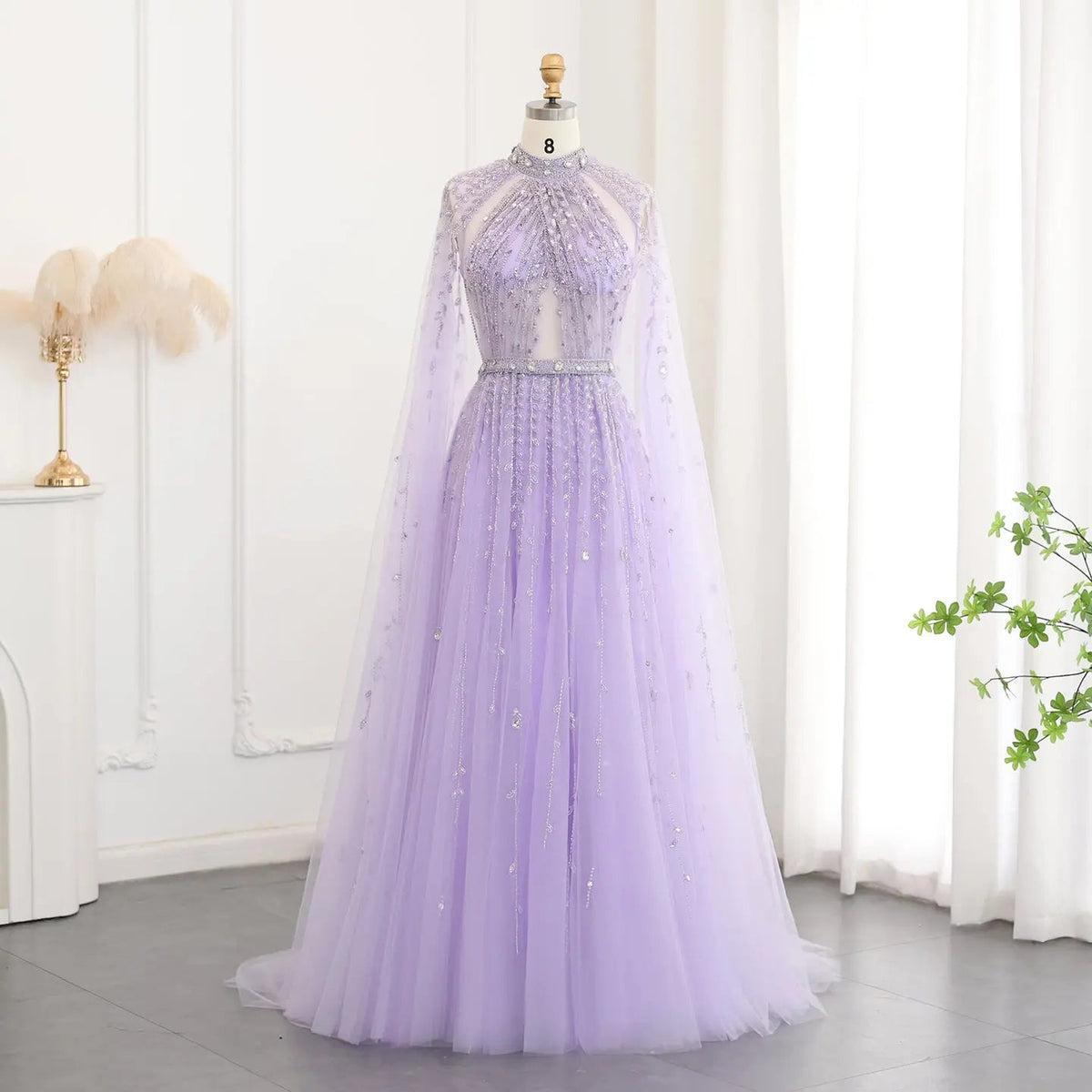 Luxury Beaded Evening Dress with Cape Sleeve SS495