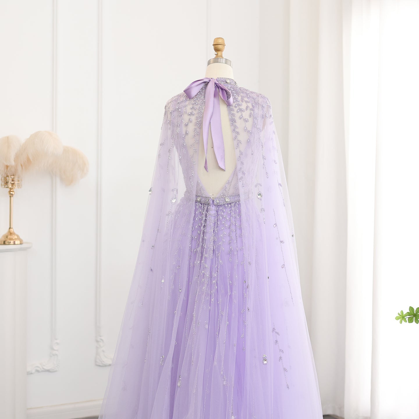 Luxury Beaded Beige Evening Dress with Cape Sleeve SS495