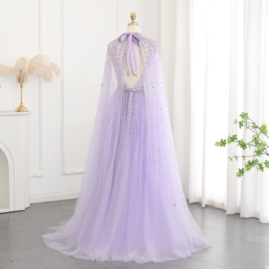 Luxury Beaded Beige Evening Dress with Cape Sleeve SS495