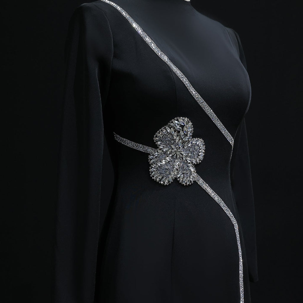Elegant Crystal Black Long Sleeves Satin Evening Dress SF350