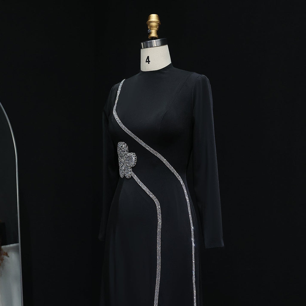 Elegant Crystal Black Long Sleeves Satin Evening Dress SF350