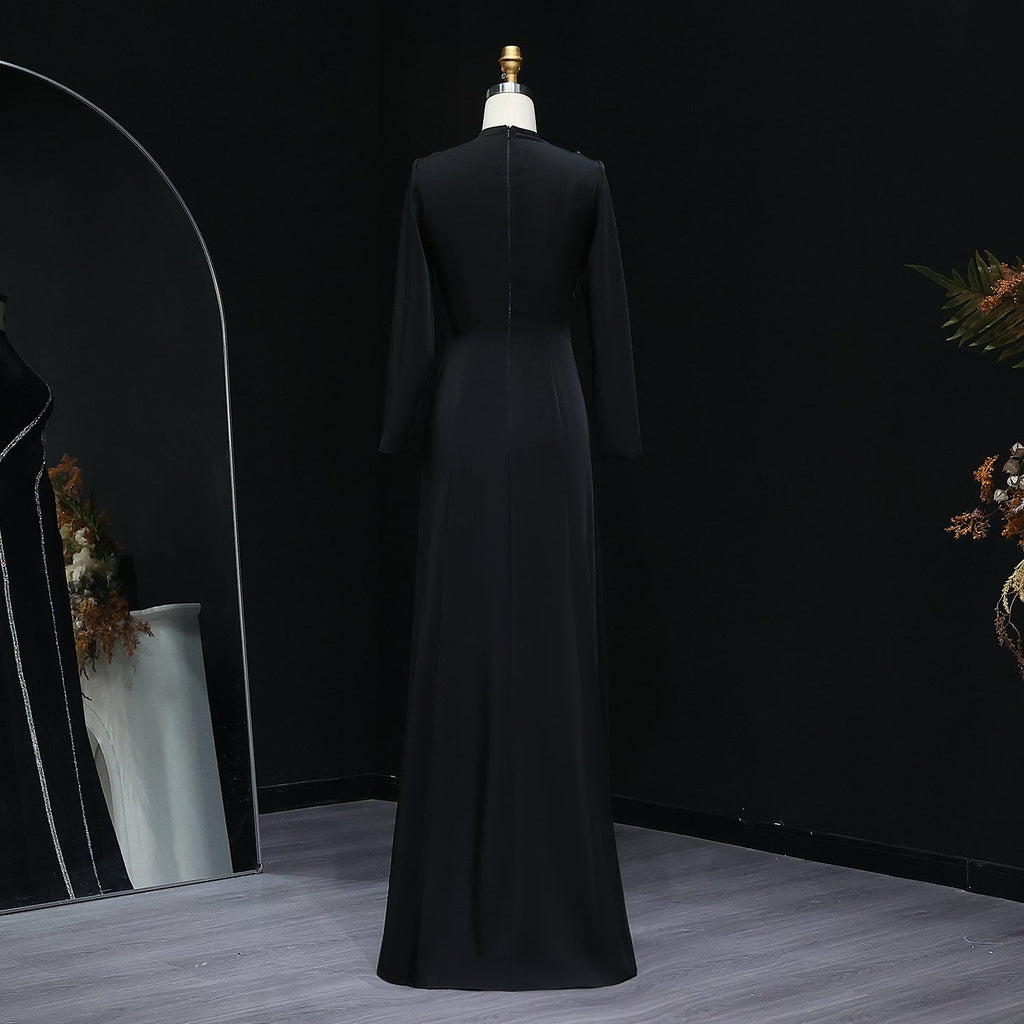 Elegant Crystal Black Long Sleeves Satin Evening Dress SF350