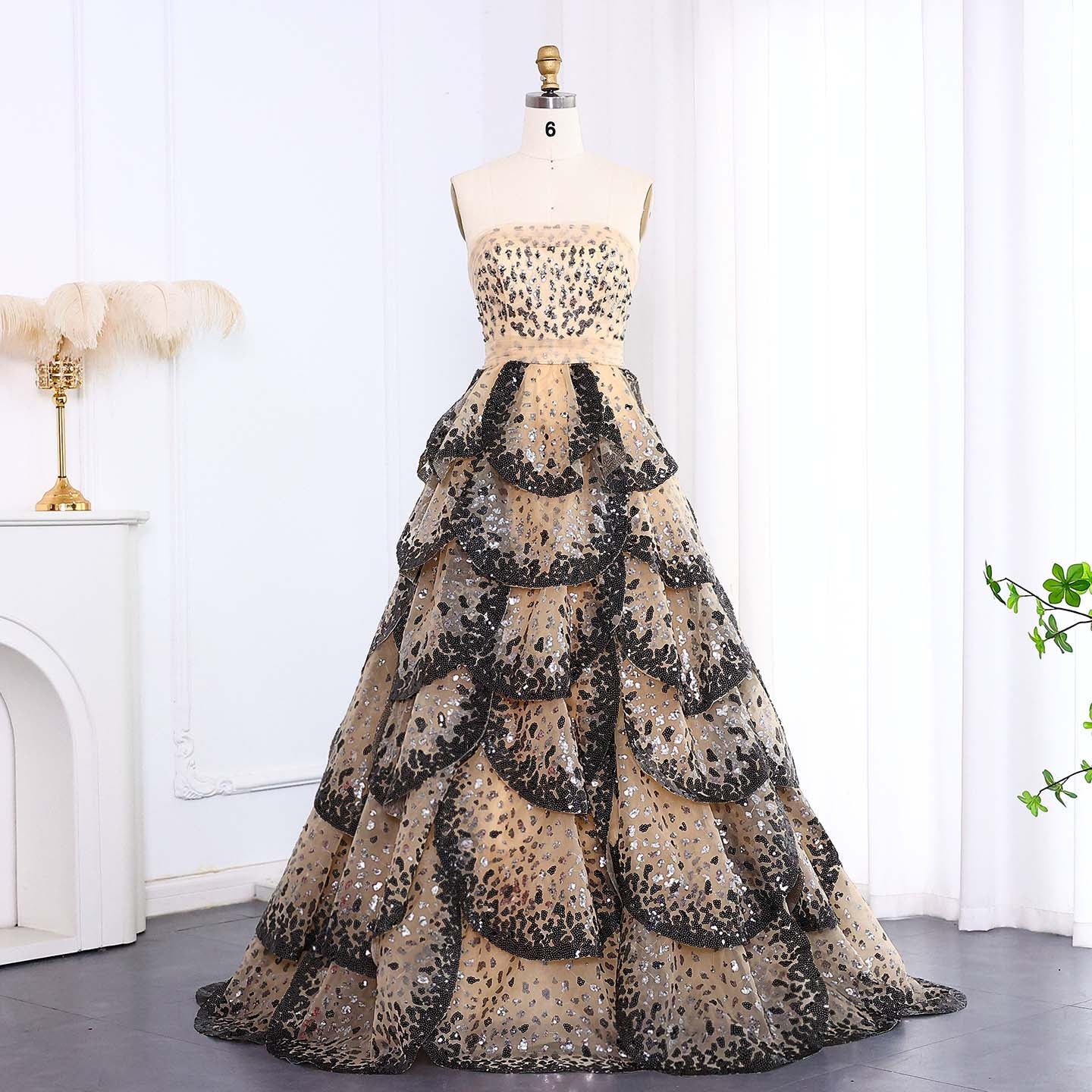 Luxury Black and White Ruffles Strapless Evening Dress SS290