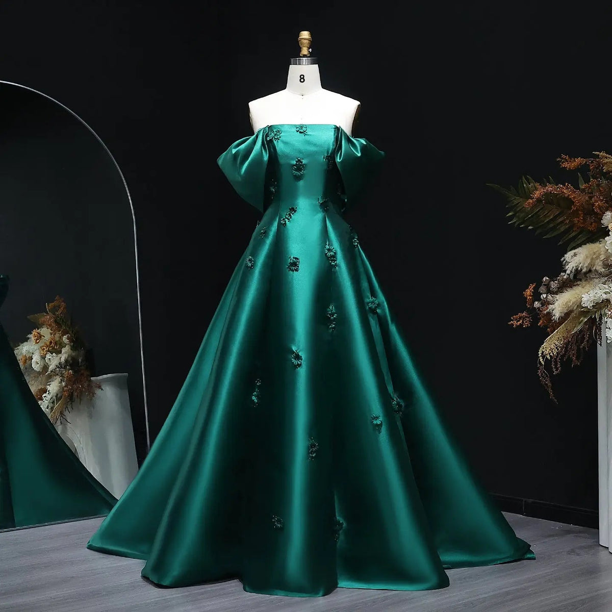 Elegant 3D Flowers Off Shoulder Red Evening Dress SF273