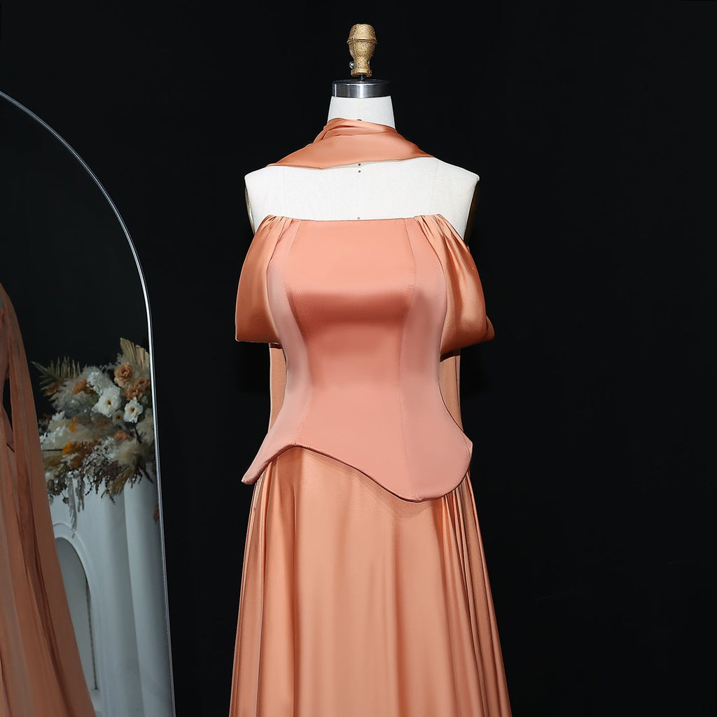 Elegant Brown Off-Shoulder Chiffon Evening Dress with Scarf SF593