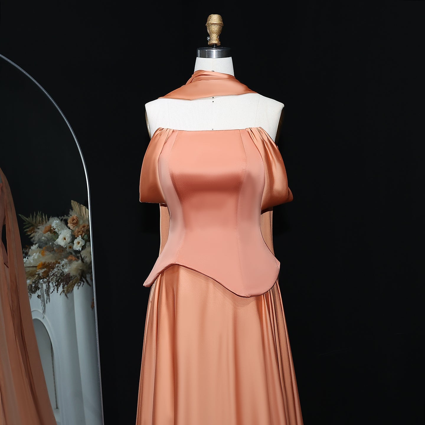 Elegant Brown Off-Shoulder Chiffon Evening Dress with Scarf SF593