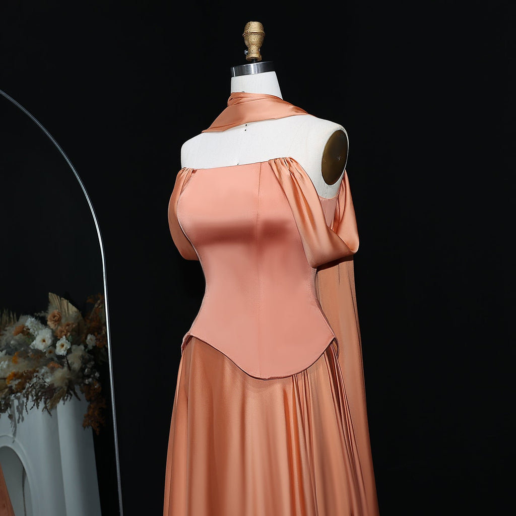 Elegant Brown Off-Shoulder Chiffon Evening Dress with Scarf SF593