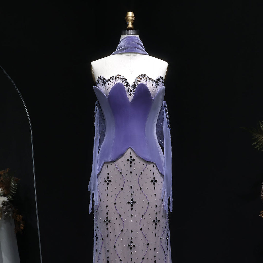 Elegant Strapless Purple Evening Dress with Scarf and Gloves SS269