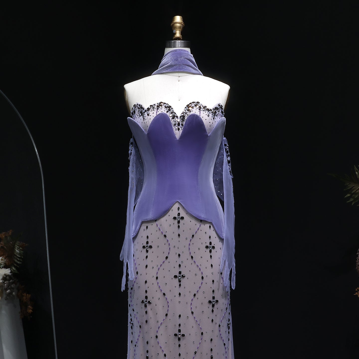 Elegant Strapless Purple Evening Dress with Scarf and Gloves SS269