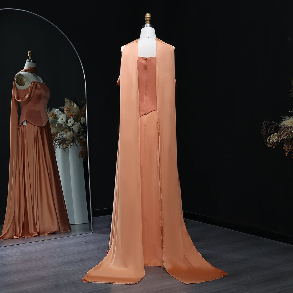 Elegant Brown Off-Shoulder Chiffon Evening Dress with Scarf SF593