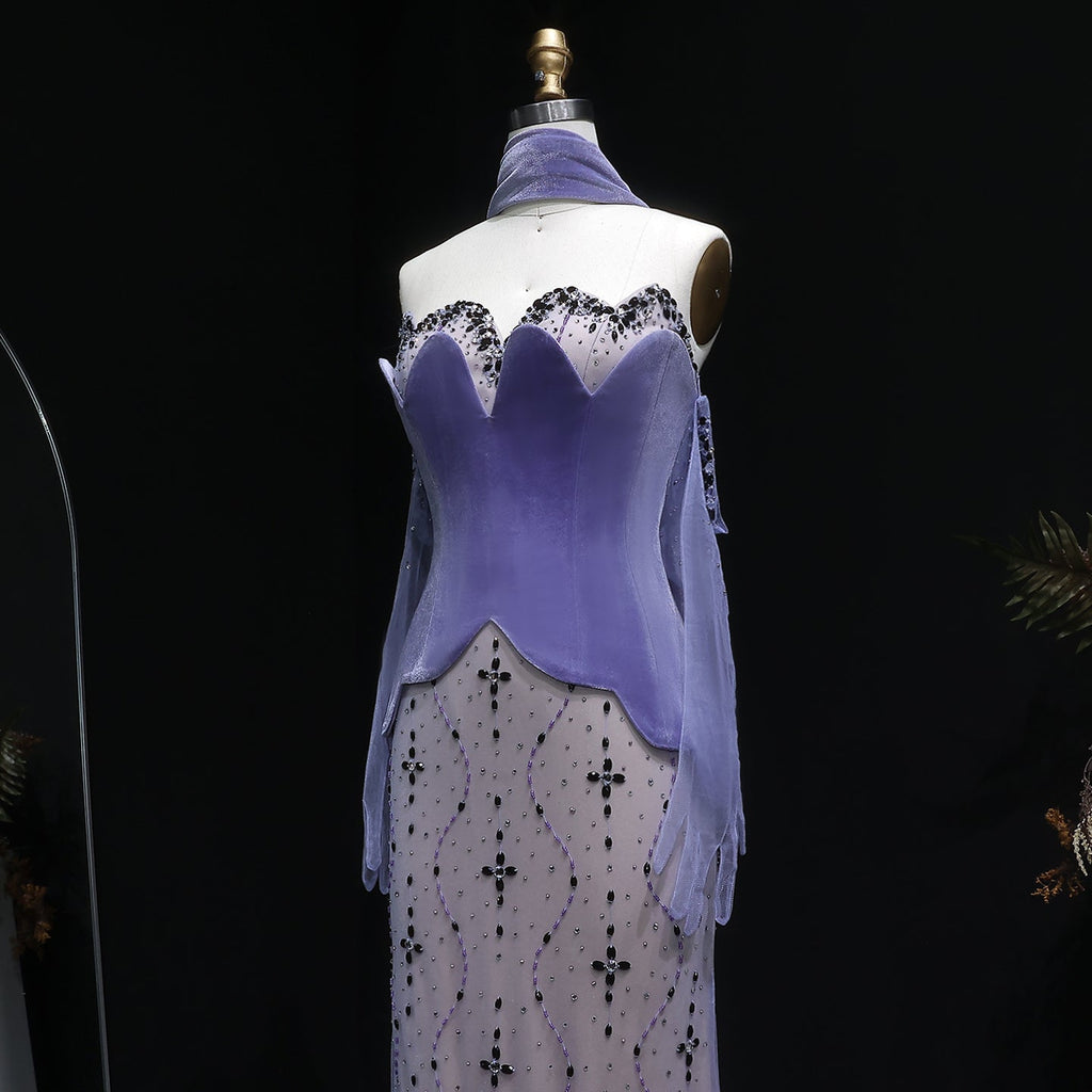 Elegant Strapless Purple Evening Dress with Scarf and Gloves SS269