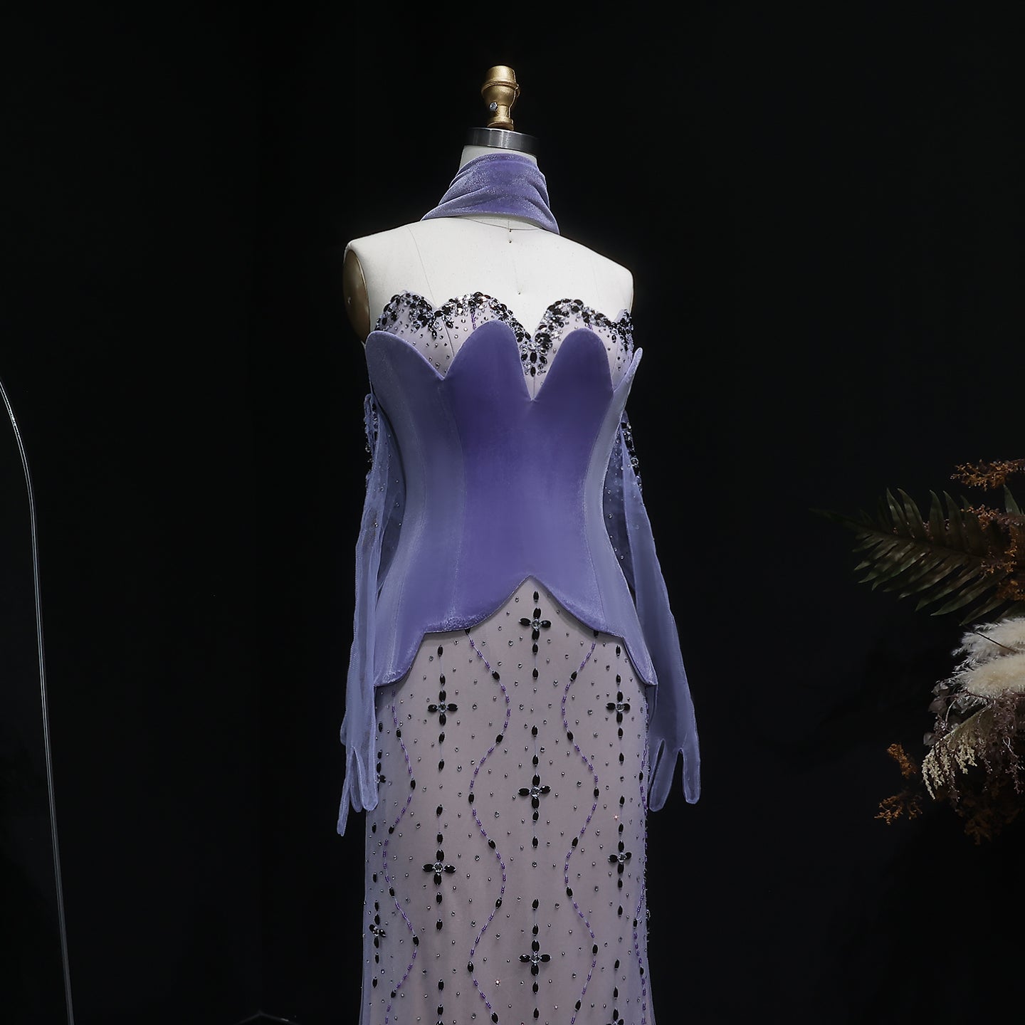 Elegant Strapless Purple Evening Dress with Scarf and Gloves SS269