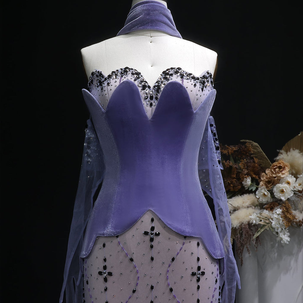 Elegant Strapless Purple Evening Dress with Scarf and Gloves SS269