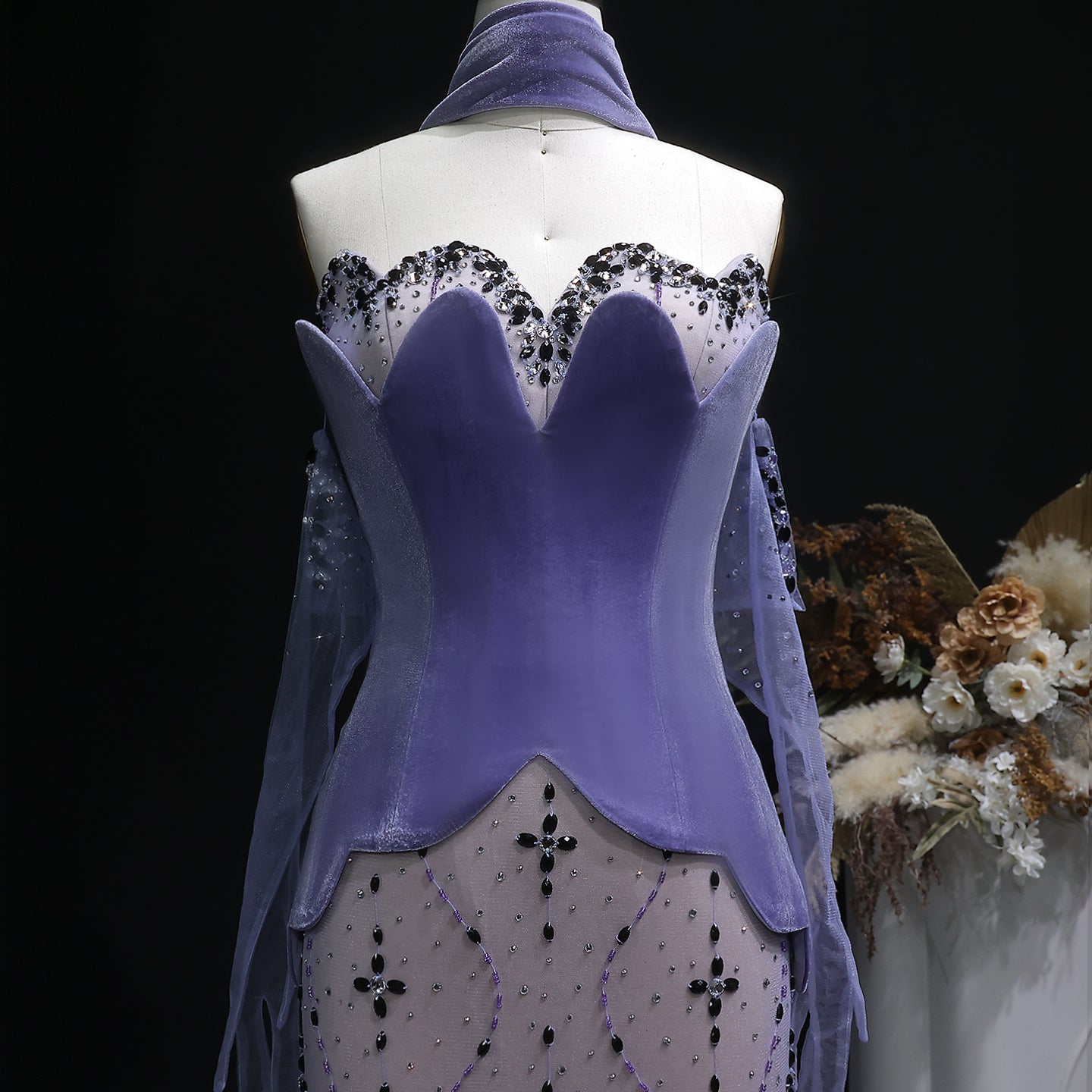 Elegant Strapless Purple Evening Dress with Scarf and Gloves SS269