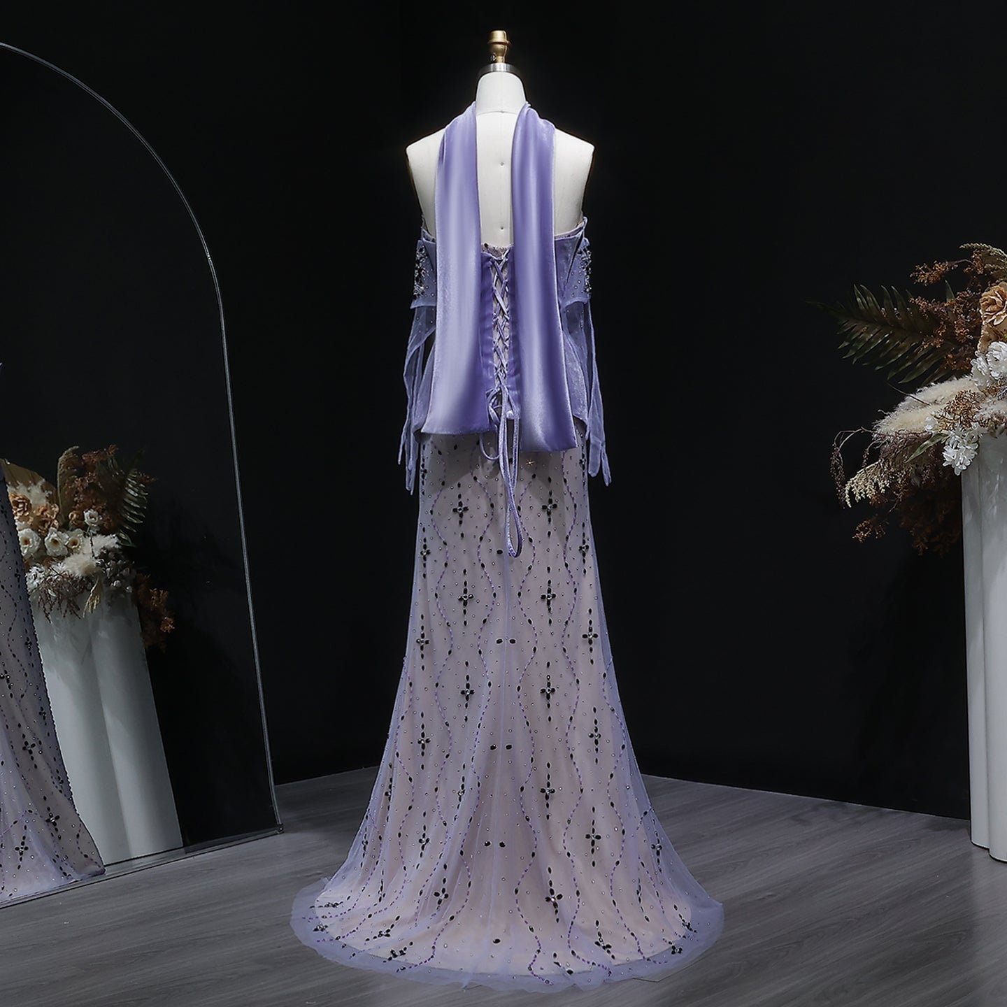 Elegant Strapless Purple Evening Dress with Scarf and Gloves SS269
