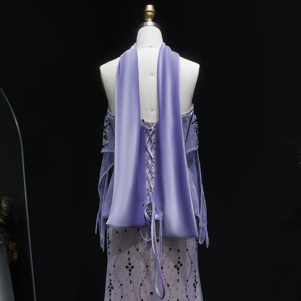 Elegant Strapless Purple Evening Dress with Scarf and Gloves SS269