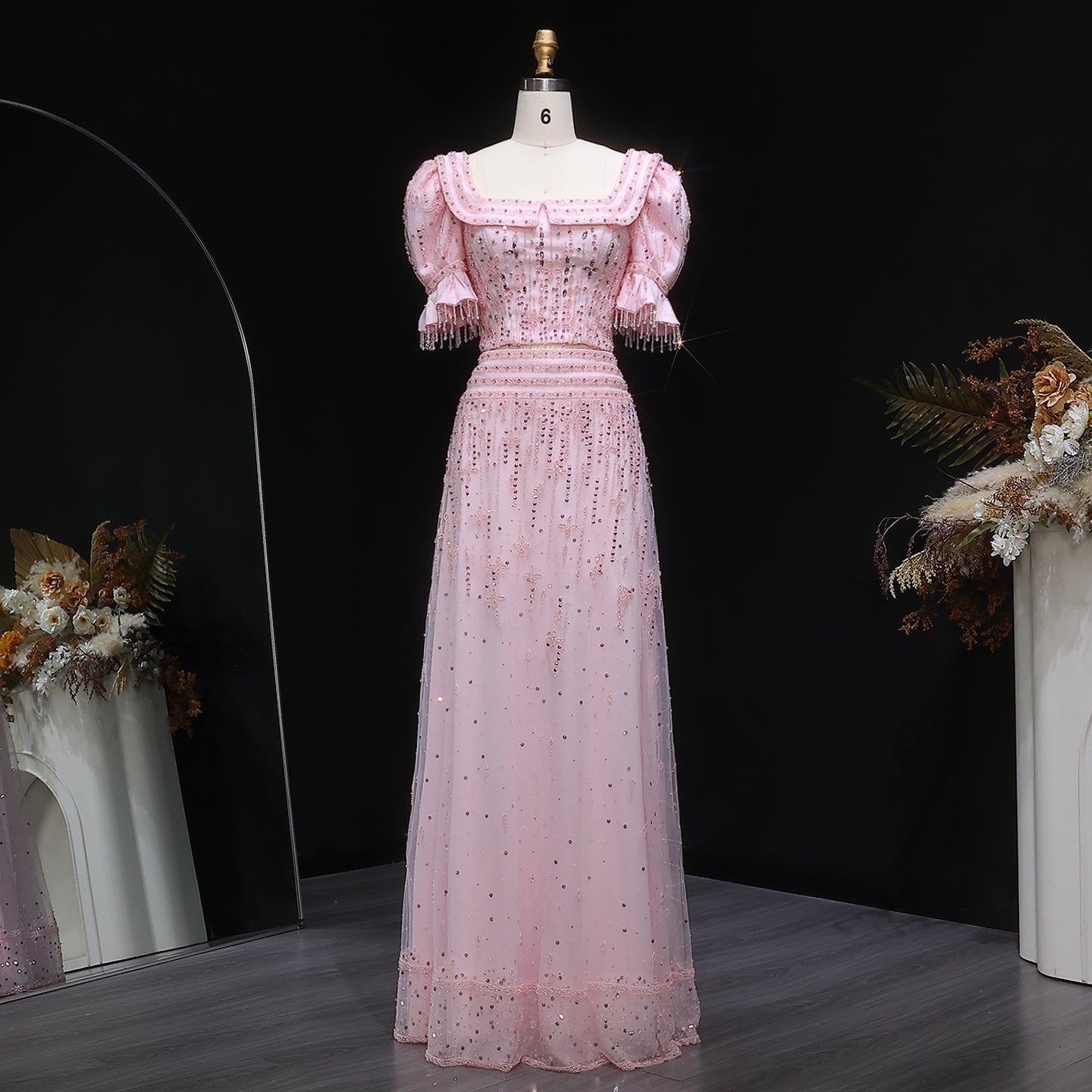 Elegant Puff Sleeve Pink Sequin Two-Piece Evening Dress SS548