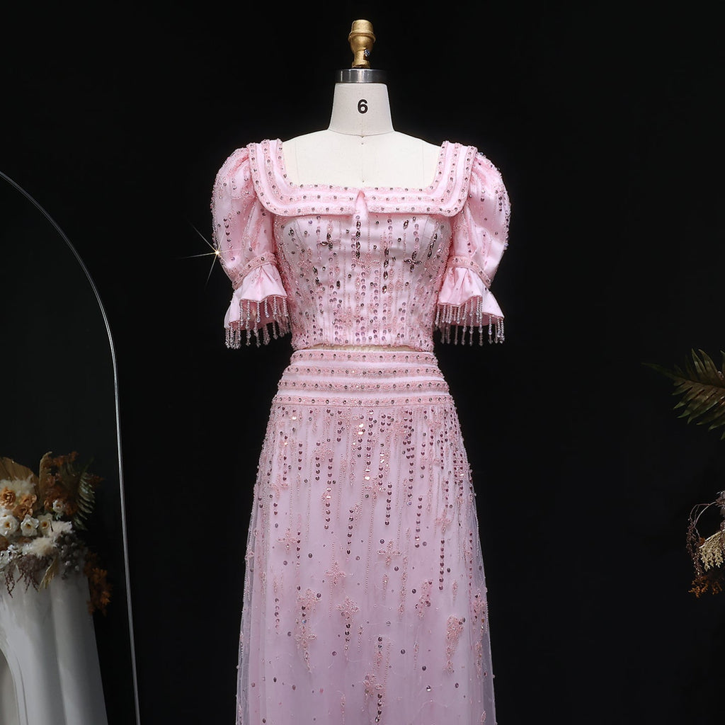 Elegant Puff Sleeve Pink Sequin Two-Piece Evening Dress SS548