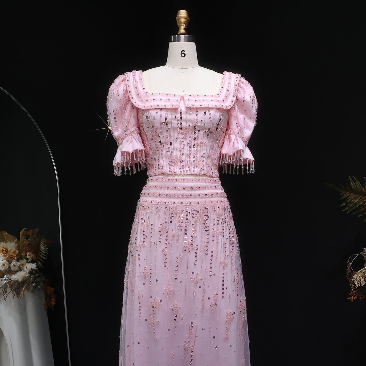 Elegant Puff Sleeve Pink Sequin Two-Piece Evening Dress SS548