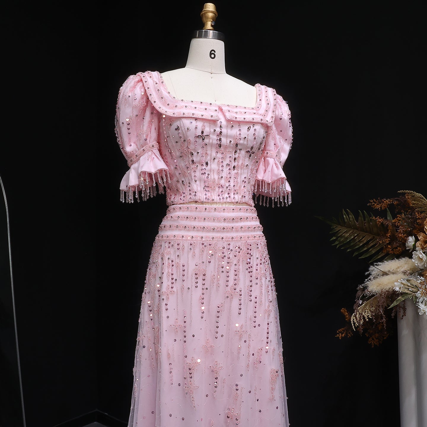 Elegant Puff Sleeve Pink Sequin Two-Piece Evening Dress SS548
