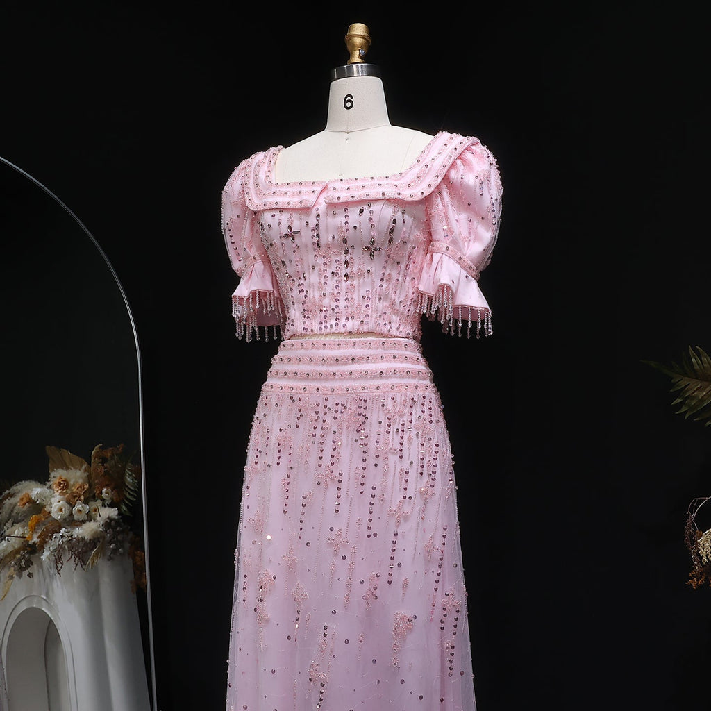 Elegant Puff Sleeve Pink Sequin Two-Piece Evening Dress SS548