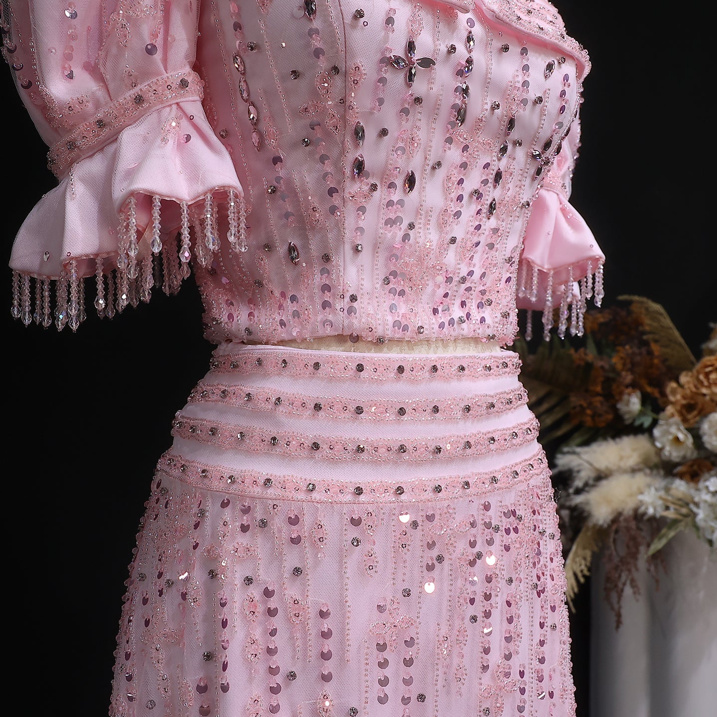 Elegant Puff Sleeve Pink Sequin Two-Piece Evening Dress SS548