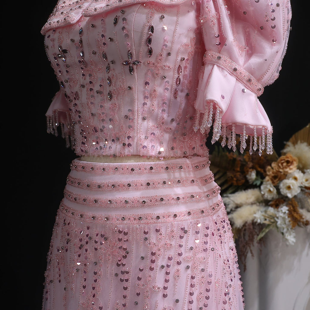 Elegant Puff Sleeve Pink Sequin Two-Piece Evening Dress SS548