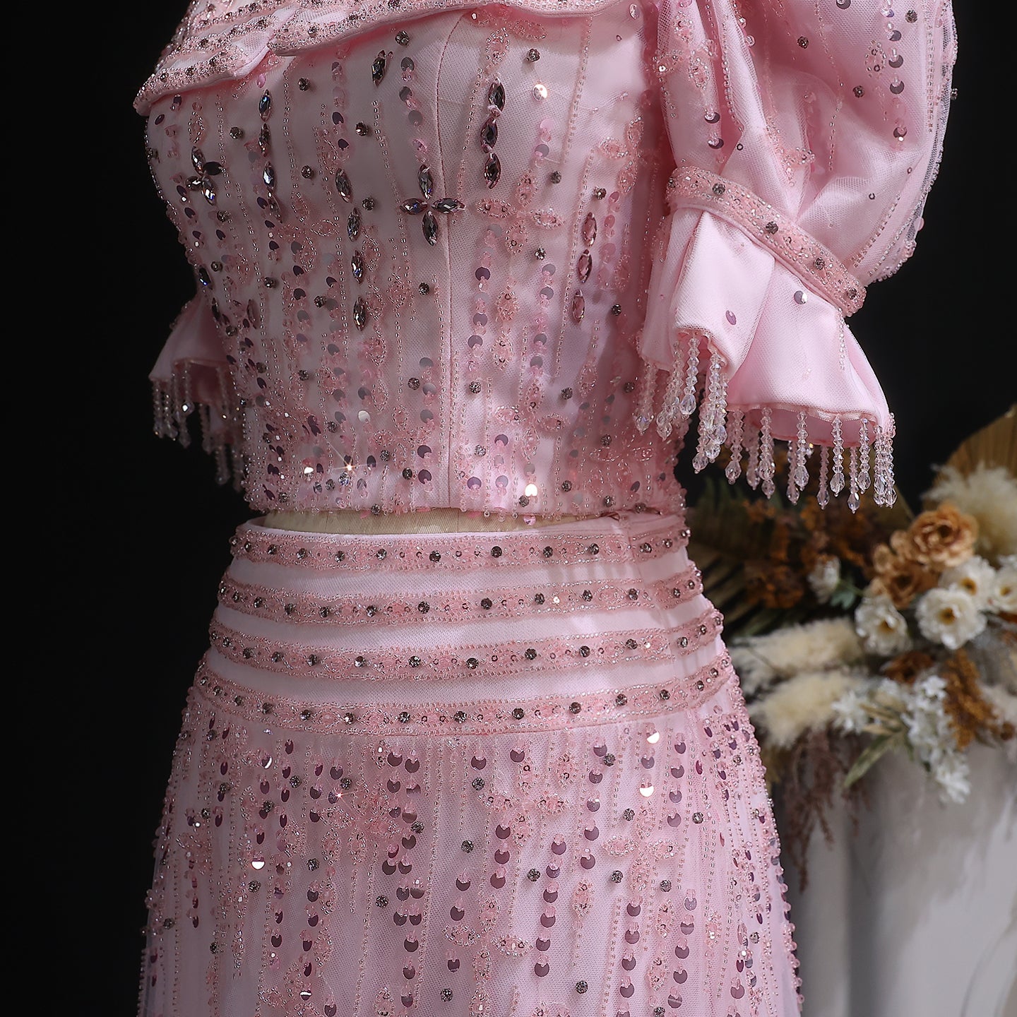 Elegant Puff Sleeve Pink Sequin Two-Piece Evening Dress SS548