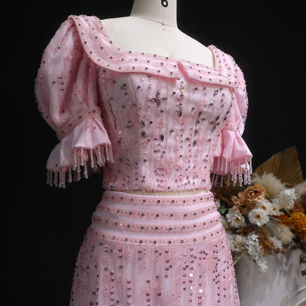 Elegant Puff Sleeve Pink Sequin Two-Piece Evening Dress SS548