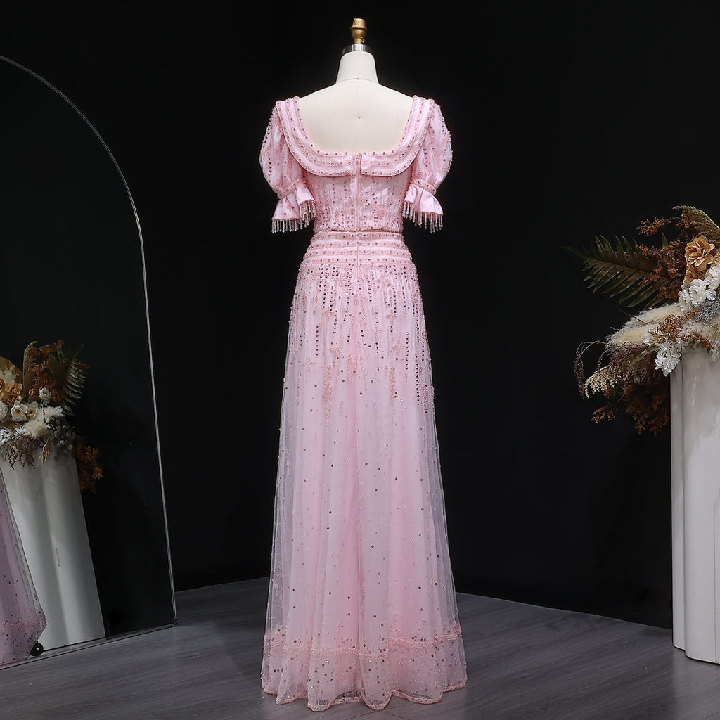 Elegant Puff Sleeve Pink Sequin Two-Piece Evening Dress SS548