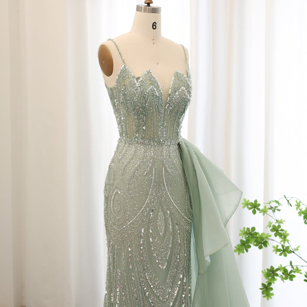Elegant Crystal Sage Green Evening Dress with Overskirt SS039