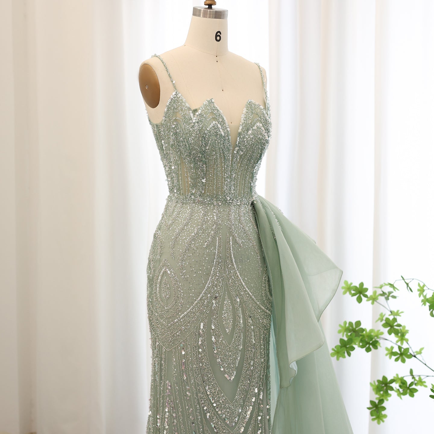 Elegant Crystal Sage Green Evening Dress with Overskirt SS039