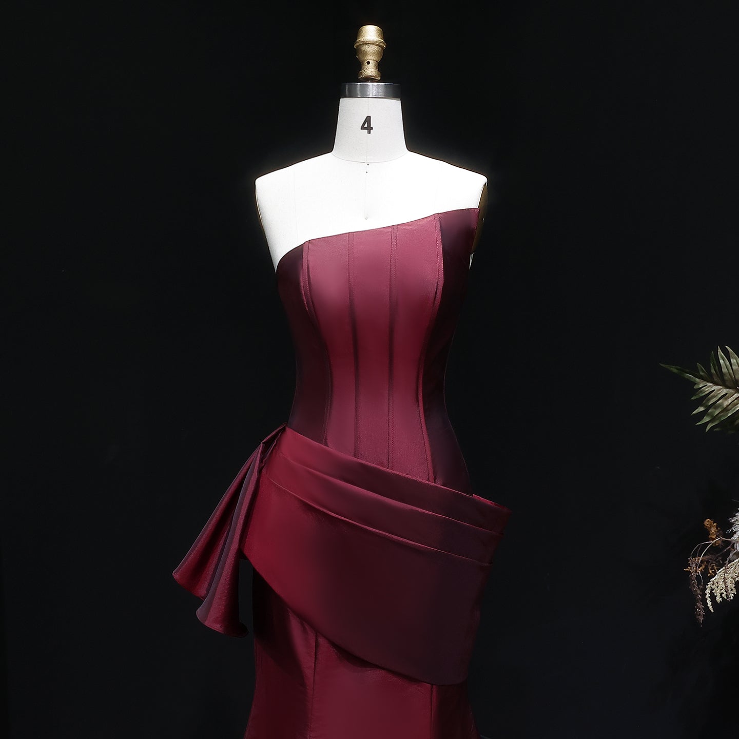 Luxury Burgundy Satin Strapless Draped Train Evening Dress SF494