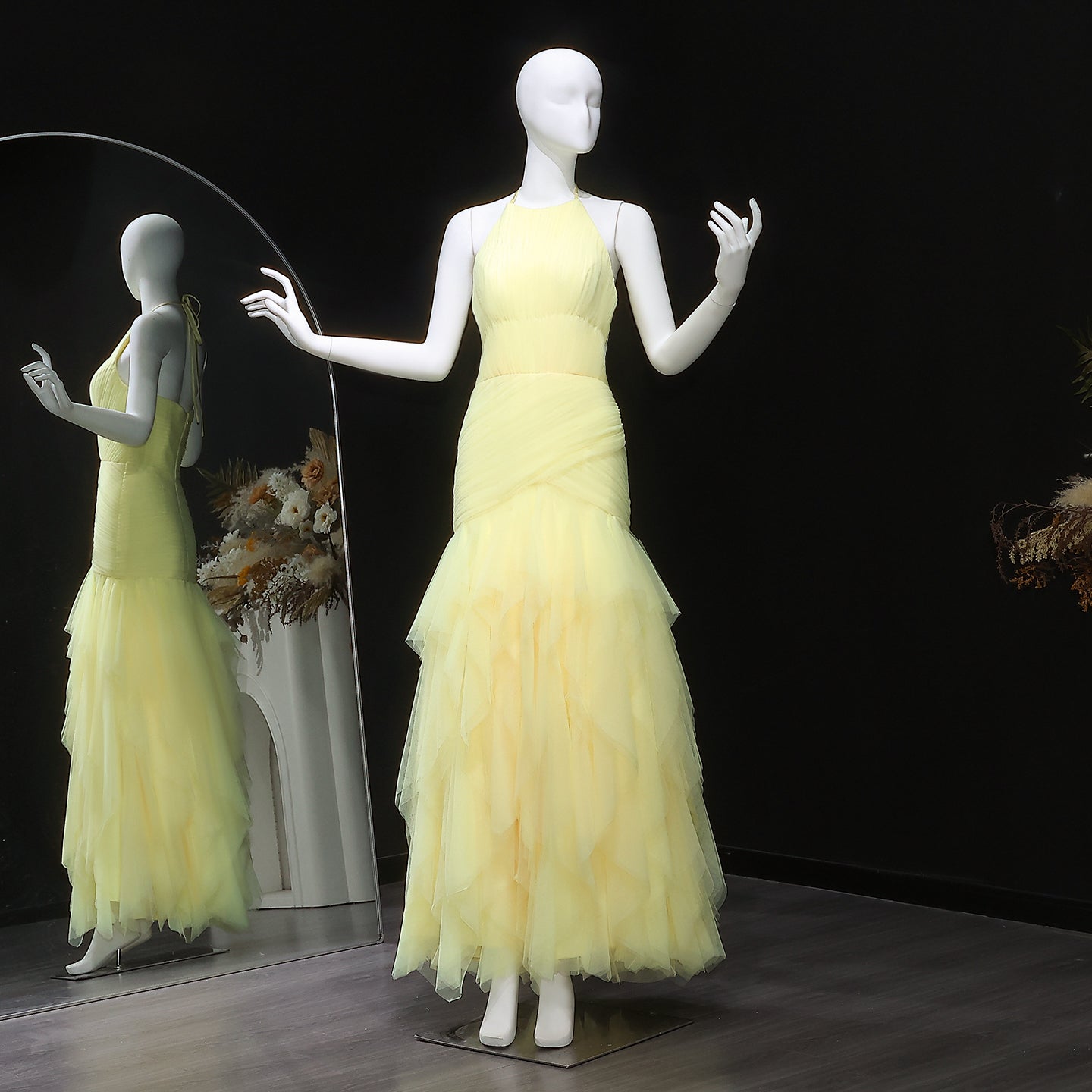 Elegant Halter Yellow Ruffles Mermaid Evening Dress SF377