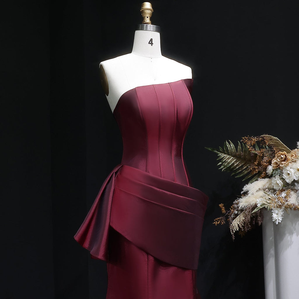Luxury Burgundy Satin Strapless Draped Train Evening Dress SF494