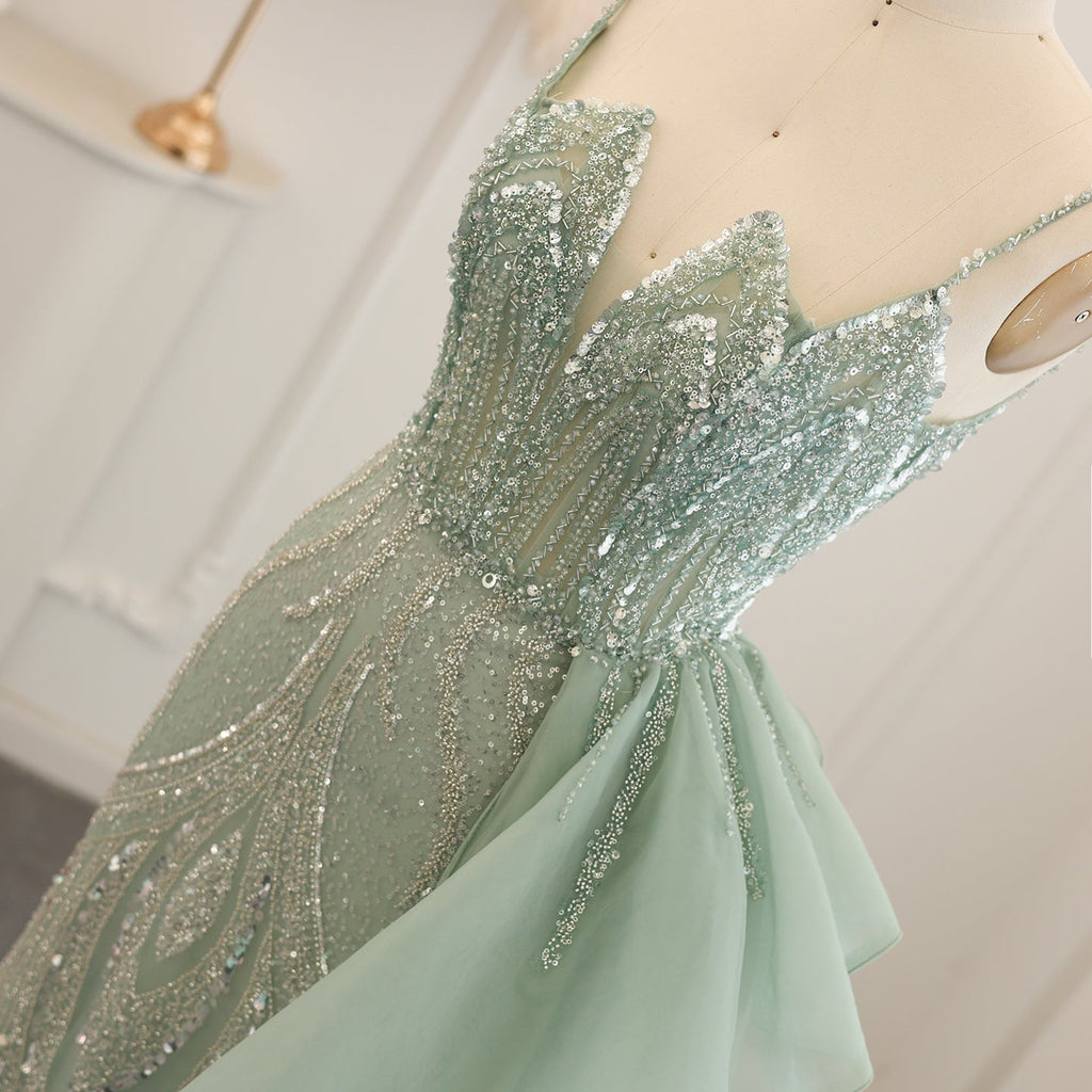 Elegant Crystal Sage Green Evening Dress with Overskirt SS039