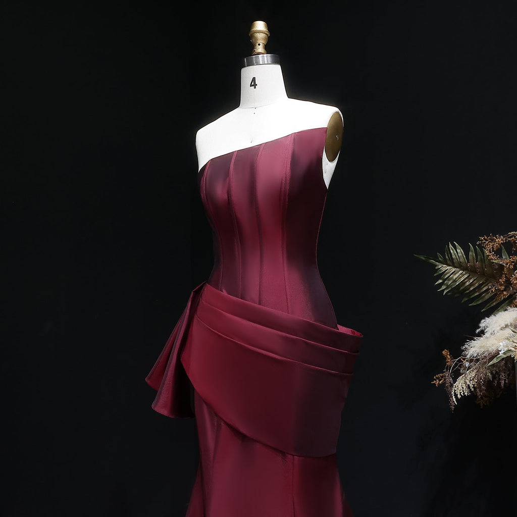 Luxury Burgundy Satin Strapless Draped Train Evening Dress SF494