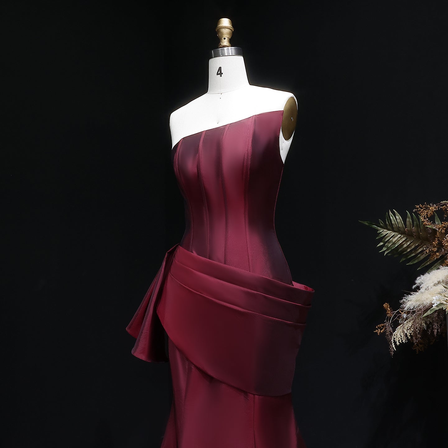 Luxury Burgundy Satin Strapless Draped Train Evening Dress SF494