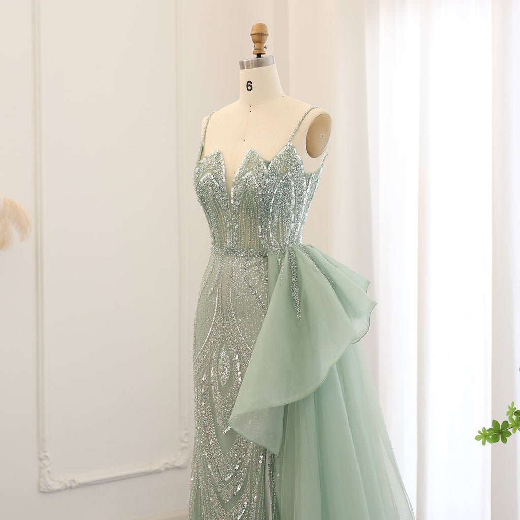 Elegant Crystal Sage Green Evening Dress with Overskirt SS039