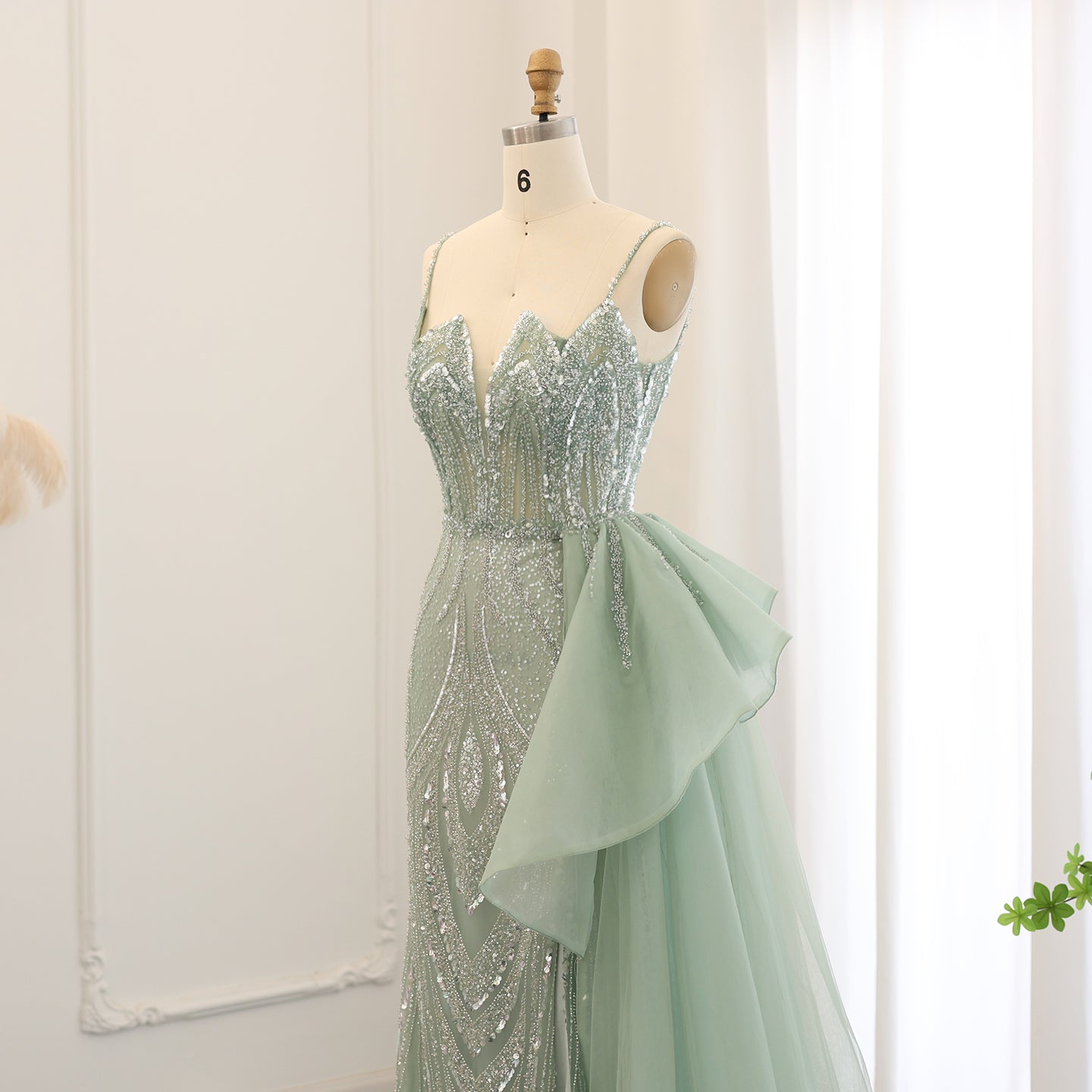 Elegant Crystal Sage Green Evening Dress with Overskirt SS039